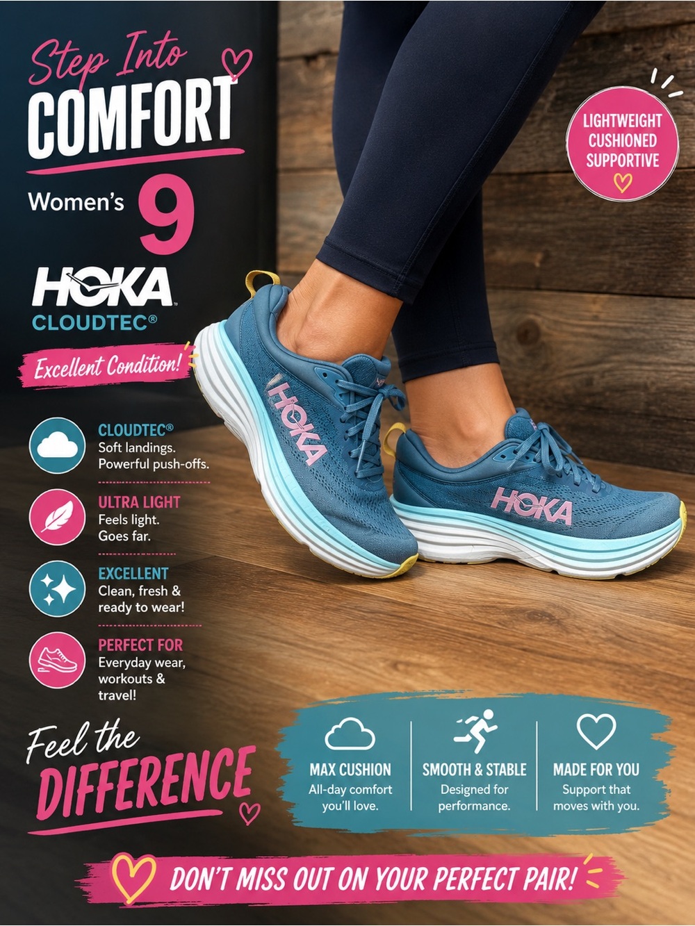 Hoka Women's Teal Running Shoes with Pink Logo Accents